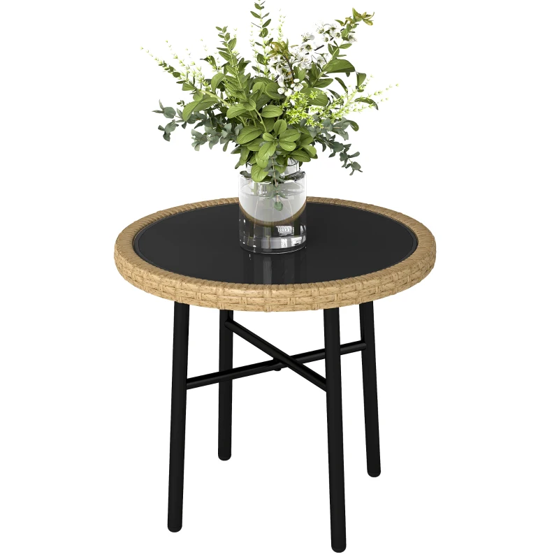 Outsunny Table Basse Ronde de Jardin, Table d'Appoint Exterieur en Résine Tressée et Plateau en Verre Trempé, 46x46x43cm, Naturel