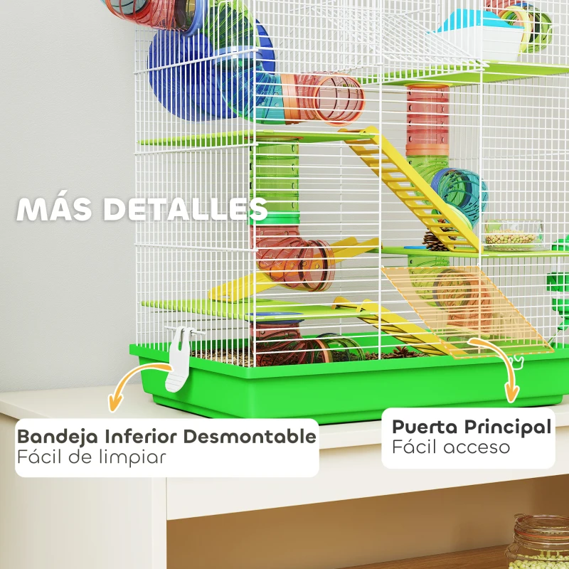 PawHut Jaula para Hámster de 5 Niveles 47x30x59 cm con Túnel Comedero Bebedero Casita Rueda de Ejercicio Escaleras Verde