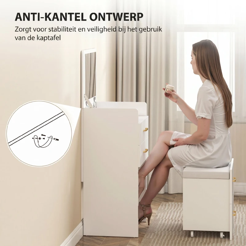 HOMCOM 3-in-1 Make-uptafel met Spiegel, Nachtkastje, Rollende Kruk, Lades, Wit(m-7)