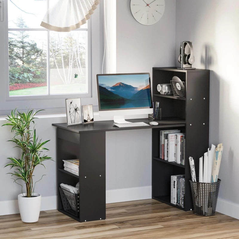 HOMCOM Birou PC din Lemn cu 6 Rafturi Laterale pentru Depozitare, 120x55x120 cm, Negru