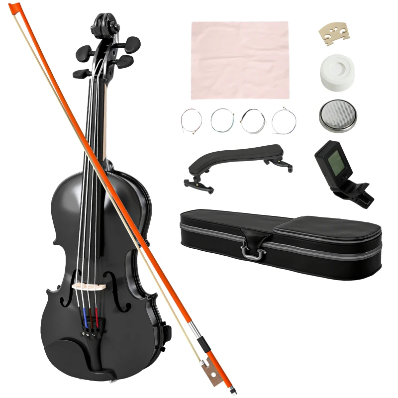 HOMCOM Violon 4/4 Ensemble de Violon en Bois Massif pour Adultes et Débutants avec Étui Léger et Portable 60 x 21 cm Noir