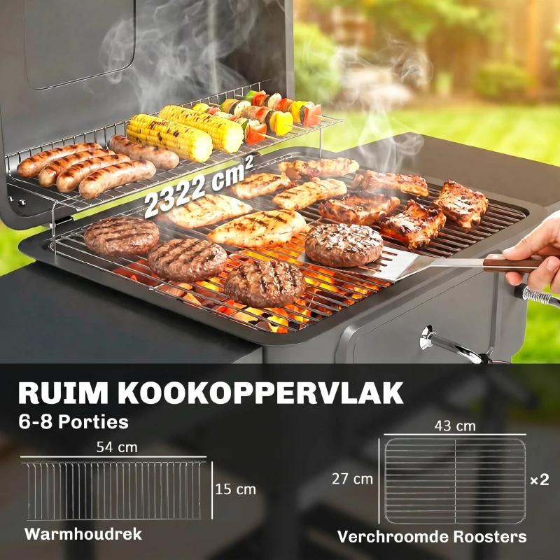 Outsunny Houtskoolgrill BBQ Smoker met deksel thermometer verstelbare kolenbak schoorsteen grillrooster zijtafel aslade