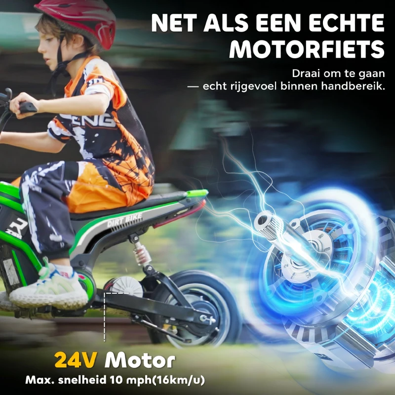 HOMCOM Elektrische Kindermotor, 24V motor, instelbare snelheid, muziek & lichten, Groen(m-5)