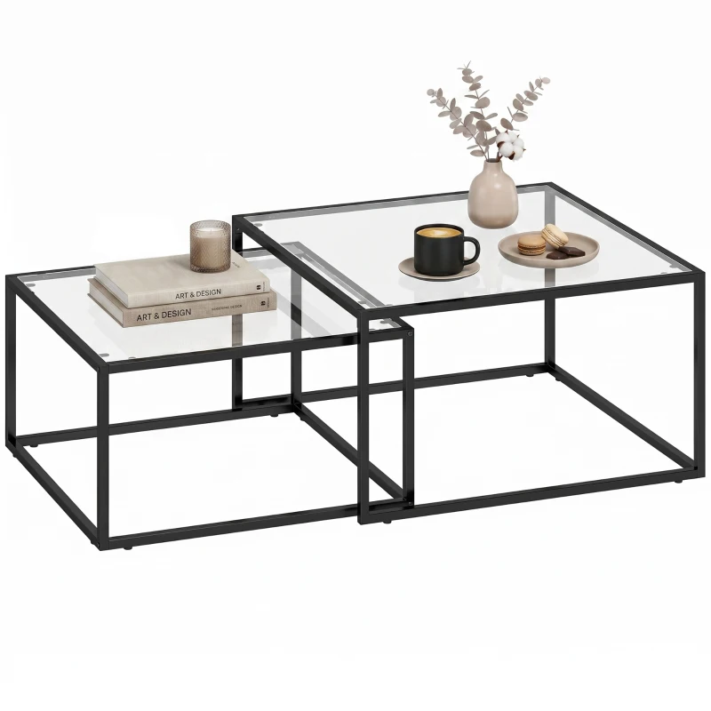 HOMCOM Couchtische 2er-Set Satztisch mit gehärteter Glasplatte und Metallrahmen, für Wohnzimmer Schwarz