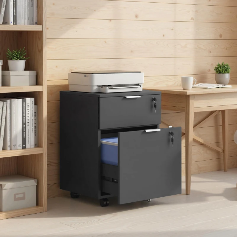 HOMCOM Schedario da Ufficio con 2 Cassetti, Serratura, Ruote a Freno, per Formato A4/Legale, 42x40x60 cm, Nero