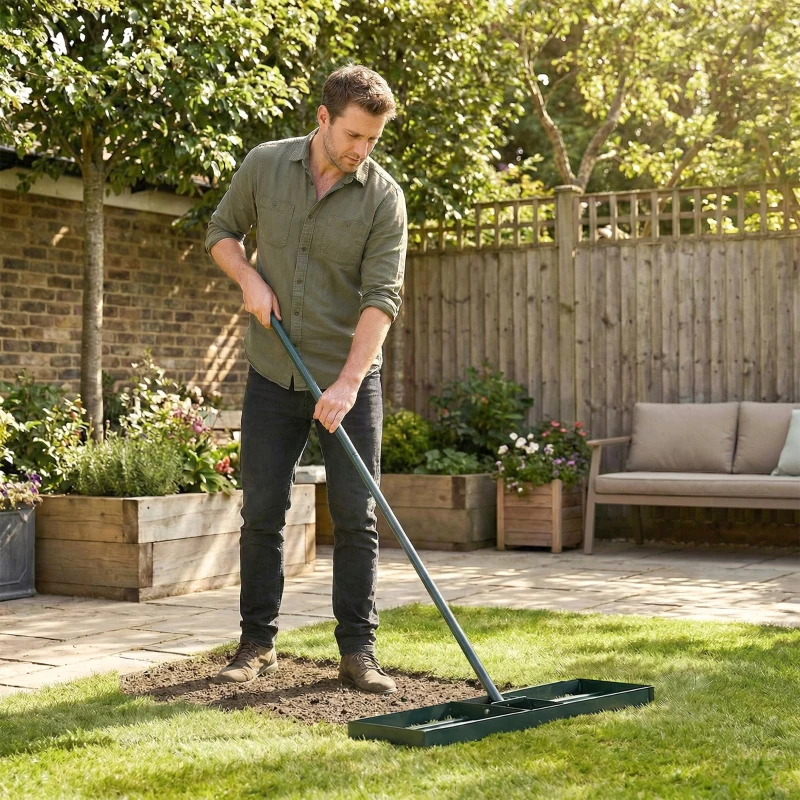 Outsunny Lawn Levelling Rake, 76 x 26 cm Lawn Leveller Lute with 169 cm Handle for Grass Soil Sand Yard Golf Course