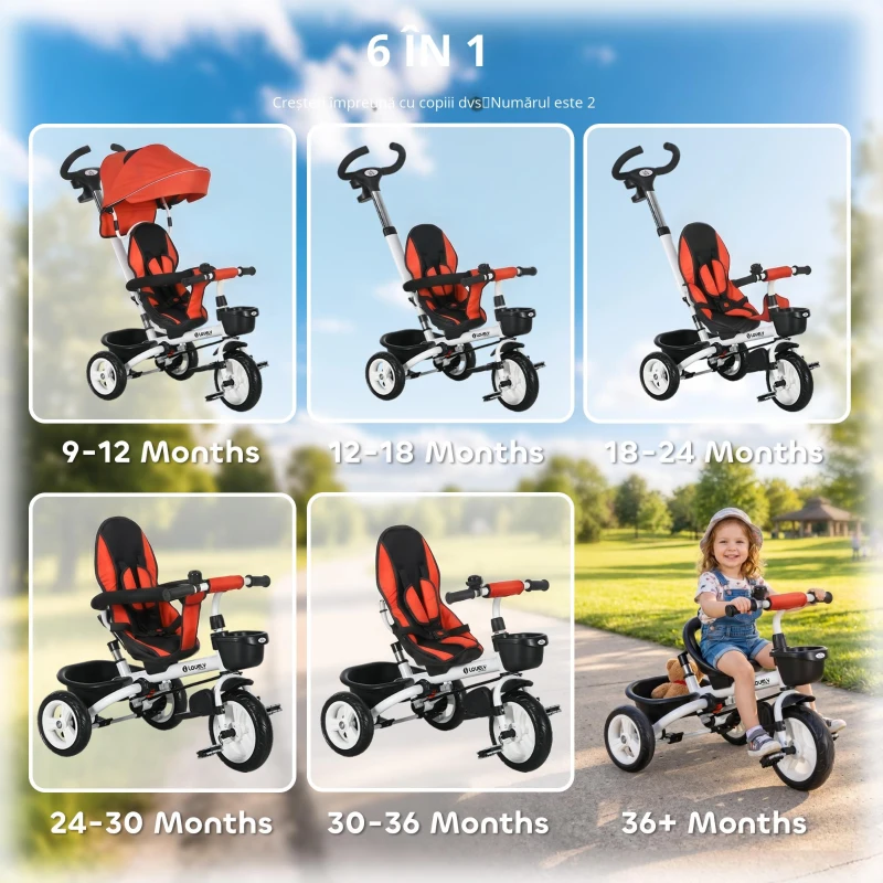 HOMCOM Tricicletă pentru copii 6-in-1 cu Mâner de Împingere, Terasă, Centură, Coș, 18+ Luni, Roșu