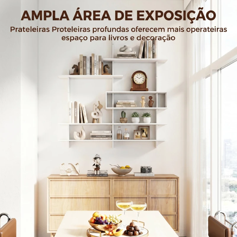 HOMCOM Estante Flutuante de Parede Geométrica Branca com 4 Níveis e Compartimento Central 136x20x140 cm Branco