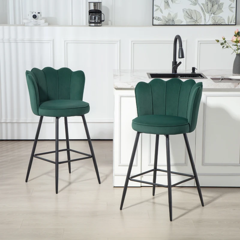 HOMCOM Set of Two Velvet-Feel Lotus Bar Stools - Dark Green