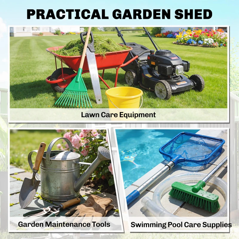 Outsunny 4 x 5FT Plastic Garden Shed with Floor, Lean to Shed, Lockable Tool Storage House with Window, Vent and Plastic Roof, Grey
