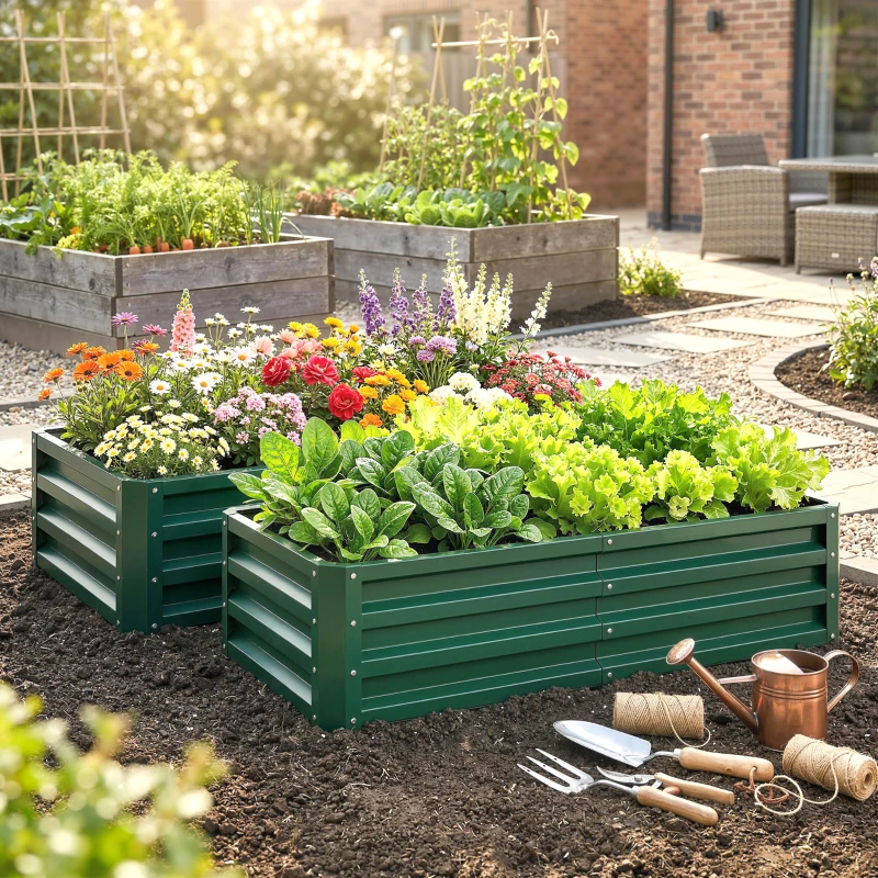 Outsunny Set 2 orti rialzati rettangolari in acciaio ondulato, 120x60x30,5 cm, Verde scuro