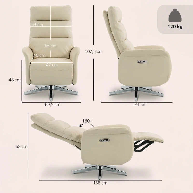 HOMCOM Fauteuil Relax Électrique Inclinable 160° Pivotant avec Repose-pieds, Prise USB et Type-C, en Cuir PU, Beige