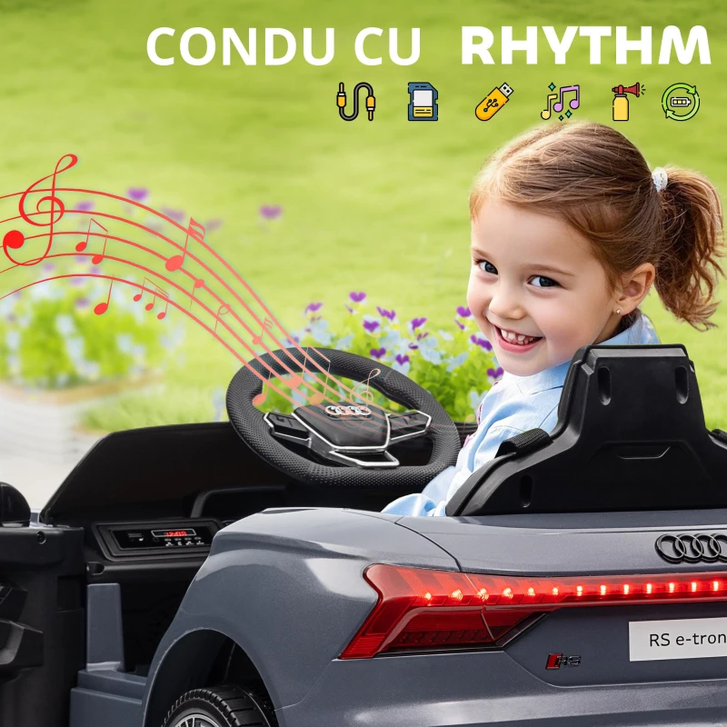 HOMCOM Automobil electric pentru copii cu telecomandă, centură de siguranță, claxon, muzică, faruri, până la 5 km/h, 3-5 ani, Gri