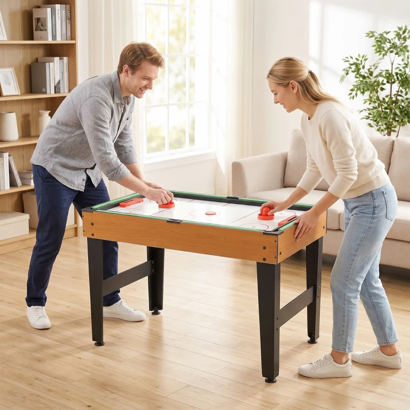 HOMCOM 4-in-1 Partyspieltisch inkl. Tischtennis, Kicker, Billard, Tischhockey, Metall, Holz, Natur+Schwarz