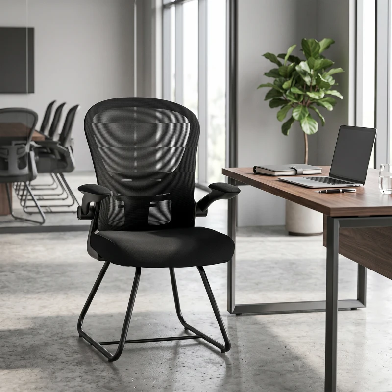 HOMCOM Reception Chair, Conference Meeting Office Chair with Flip-up Armrest, Mesh Backrest, Lumbar Support and Metal Base