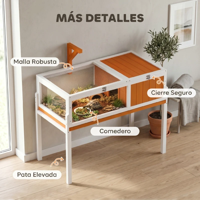 PawHut Casa para Tortugas de Madera Recinto con Casa Principal Ventana Tapa 104x53x82 cm Blanco y Naranja