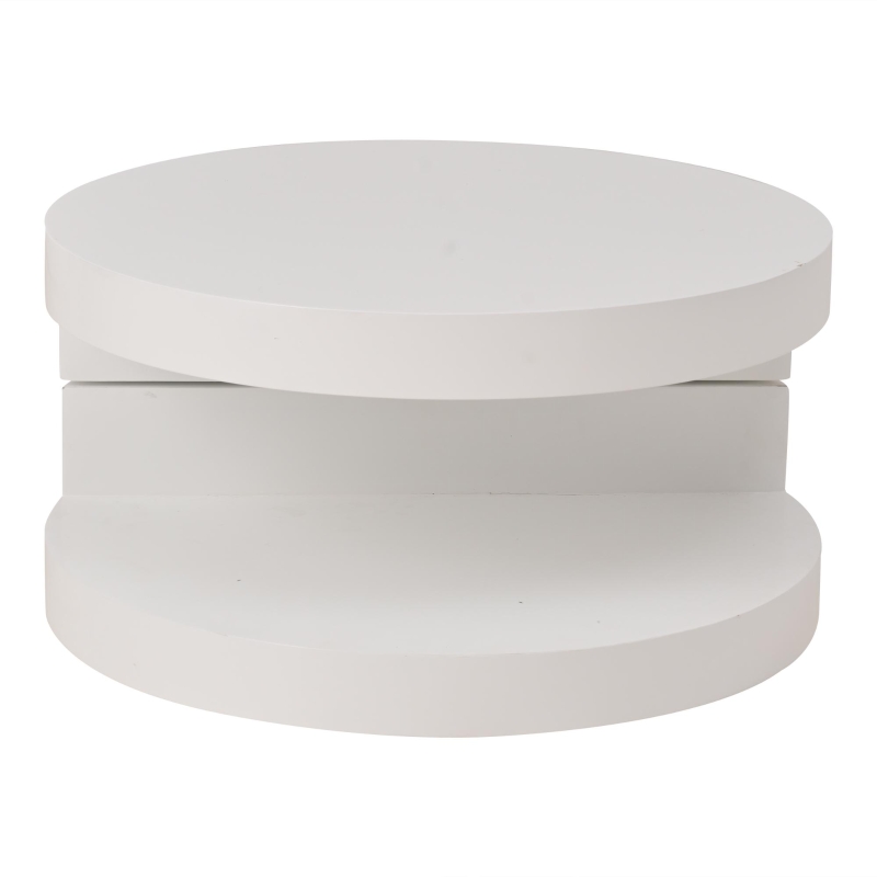 Masă de cafea cilindrică cu blat rotativ la 360°, bandă LED, construcție cu 2 straturi, 70x70x35,5 cm, Alb