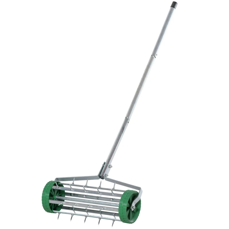 Outsunny gazonbeluchter handvat lengte verstelbaar handverticuteer gazonbeluchter spiked roller gazon rollende gazonbeluchter onderhoud tuin verzinkte buis groen + zilver 135 x 42,5 x 15 cm
