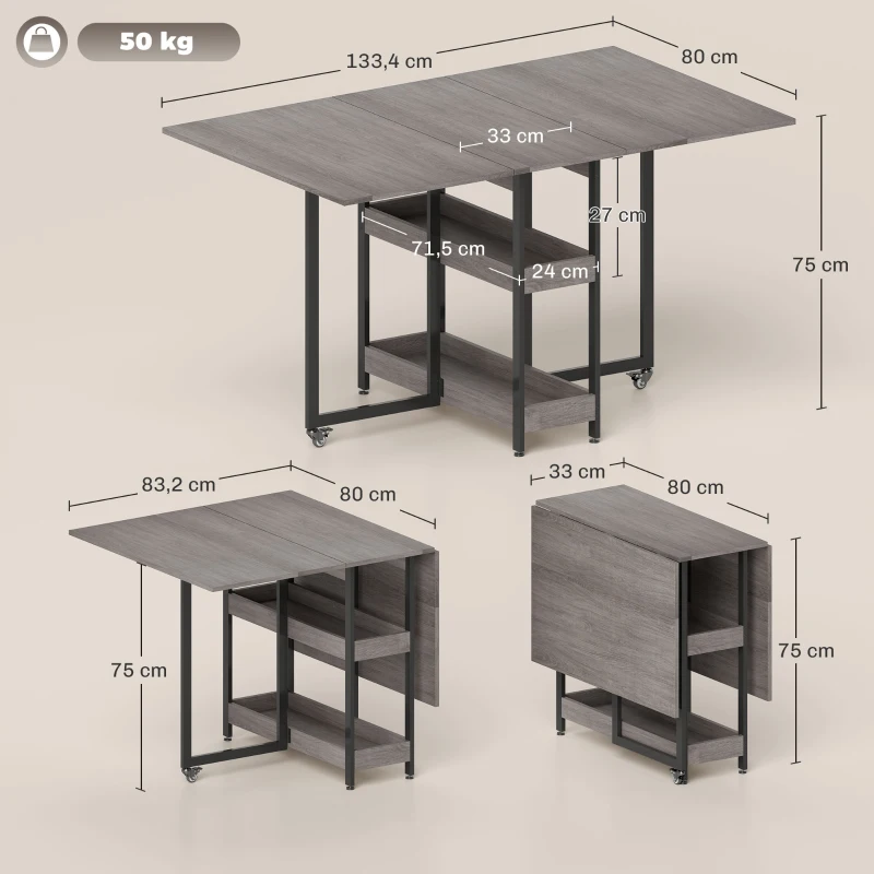 HOMCOM Inklapbare eettafel in industriële stijl, voor maximaal 4 personen, met open schappen, flexibel, metaal en spaanplaat, grijs