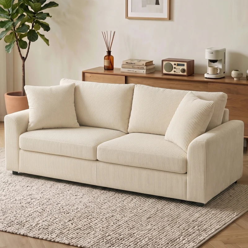 HOMCOM Divano 3 Posti in Velluto a Coste con Molle Insacchettate e 2 Cuscini, 212x80x88 cm, Bianco Crema