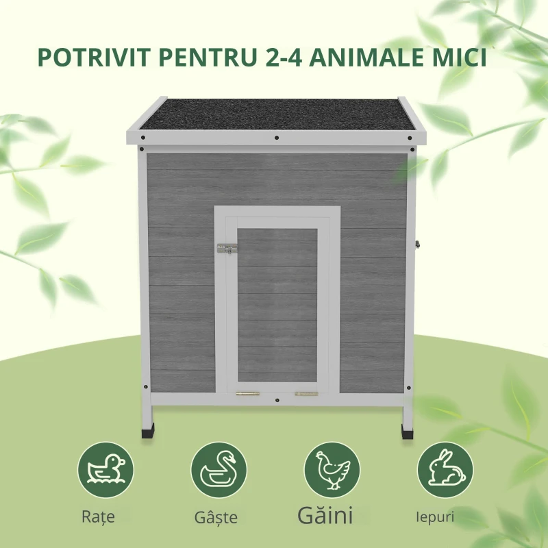 PawHut adăpost pentru rațe din lemn cu acoperiș din asfalt, podea detașabilă, ușă laterală, adăpost pentru păsări cu orificii de ventilație, rezistent la intemperii coteț pentru gâște adăpost pentru găini Gri deschis 63 x 82 x 76 cm