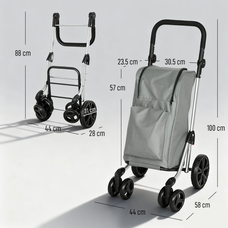 HOMCOM Cărucior de Cumpărături Pliabil din Aluminiu cu Roți, Geantă de 46L, Compartiment Frigorific, Mâner Reglabil, Gri