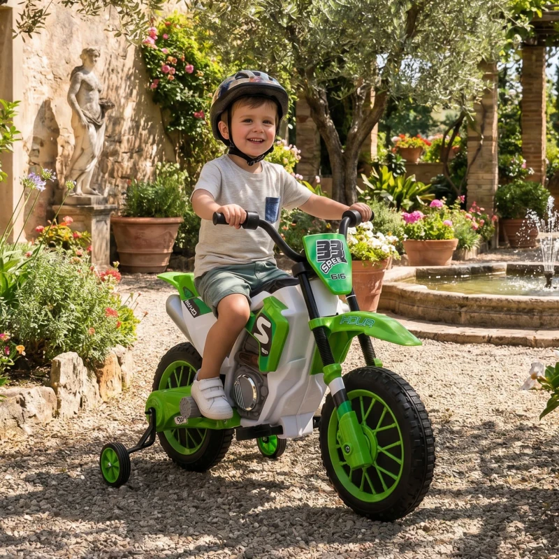 HOMCOM Moto da Cross Elettrica per Bambini con Rotelle, in PP e Metallo, 106.5x51.5x68 cm, Verde
