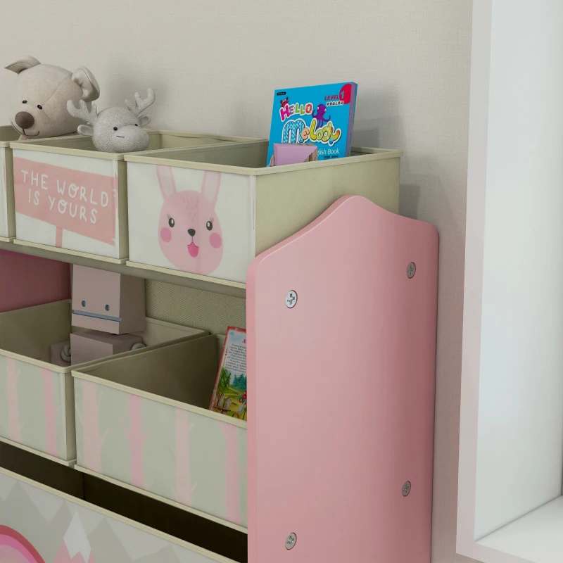 ZONEKIZ Kinderschrank mit 6 Stoffboxen, niedliches Motiv, 63x30x66 cm, Rosa