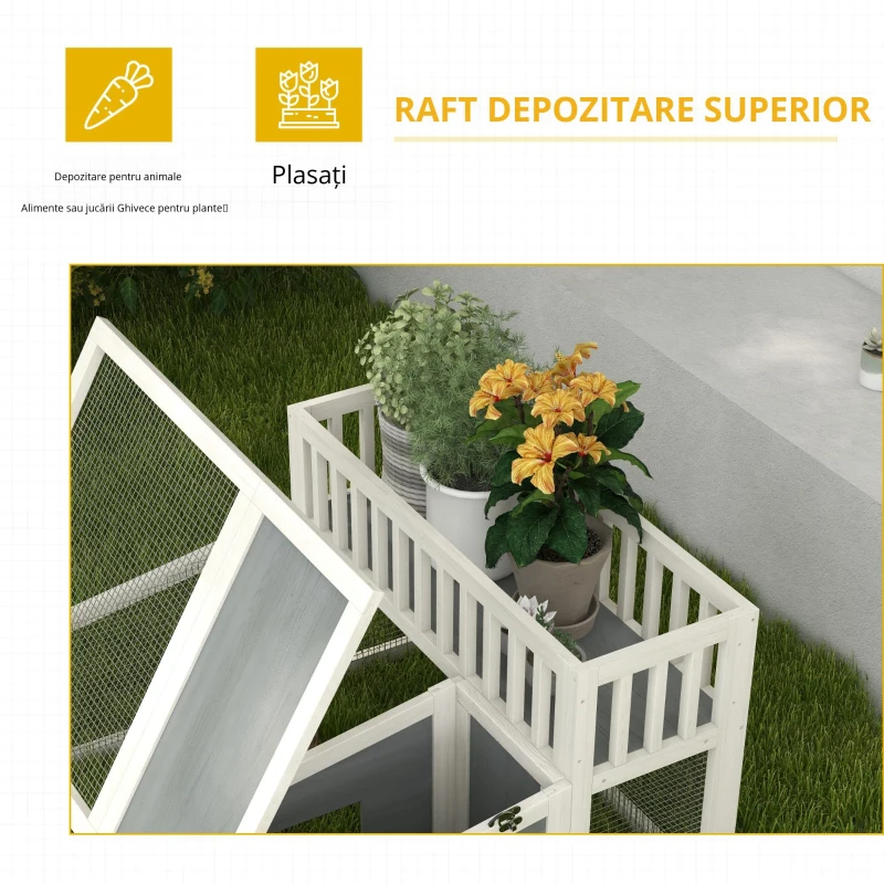 PawHut Cușcă, cușcă pentru iepure din lemn cu raft pentru plante spațiu mare din lemn, mai multe uși Dim. 94L x 90l x 60Î cm