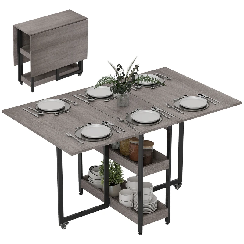 HOMCOM Inklapbare eettafel in industriële stijl, voor maximaal 4 personen, met open schappen, flexibel, metaal en spaanplaat, grijs