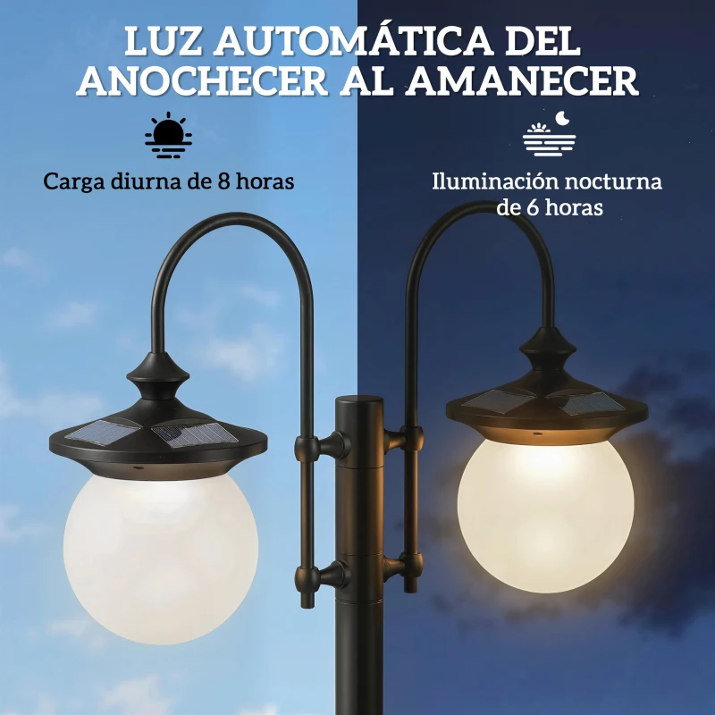 Outsunny Farola Solar Exterior de Jardín con Macetero 2 Cabezales Impermeable IP44 Encendido/Apagado Automático Altura Ajustable