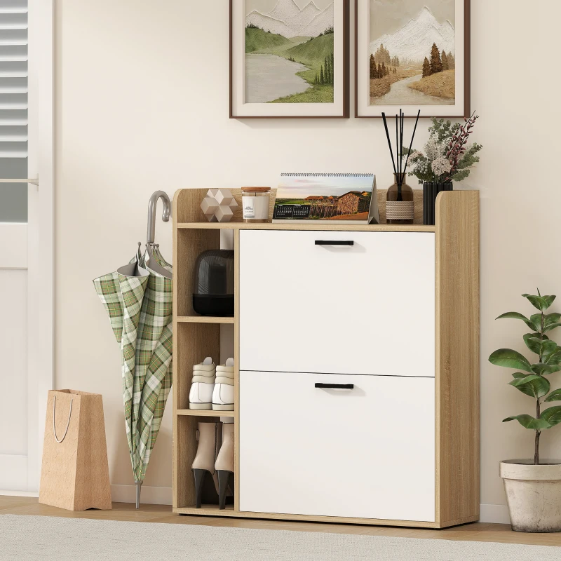 HOMCOM Scarpiera Slim con 2 Cassetti Ribaltabili e 3 Vani Aperti, Capacità 15 Scarpe, 83x24x90.5 cm, Color Legno e Bianco