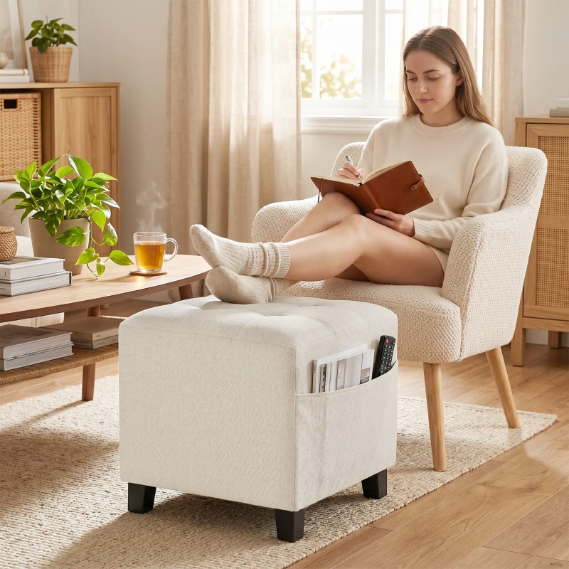HOMCOM Small Ottoman, Square Footstool with Side Pocket, Rubber Wood Legs and Padded Seat for Living Room, Beige