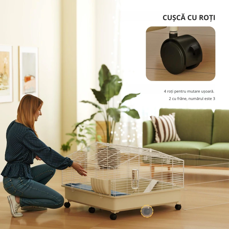 PawHut Cușcă pentru animale mici, balcon, rampă, suport pentru fân, sticlă pentru apă, design cu 2 nivele, alb