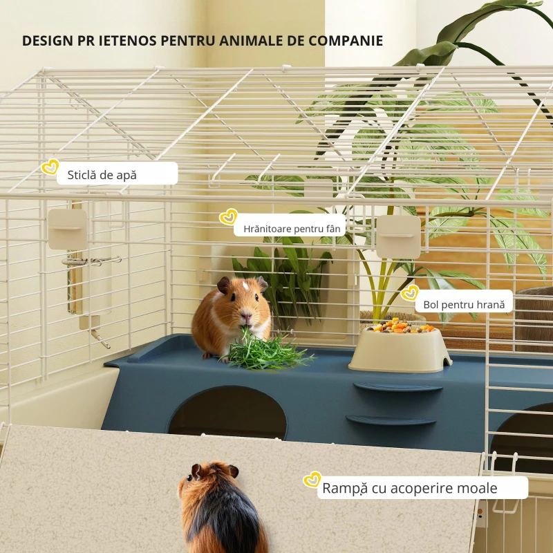 PawHut Cușcă pentru animale mici, balcon, rampă, suport pentru fân, sticlă pentru apă, design cu 2 nivele, alb