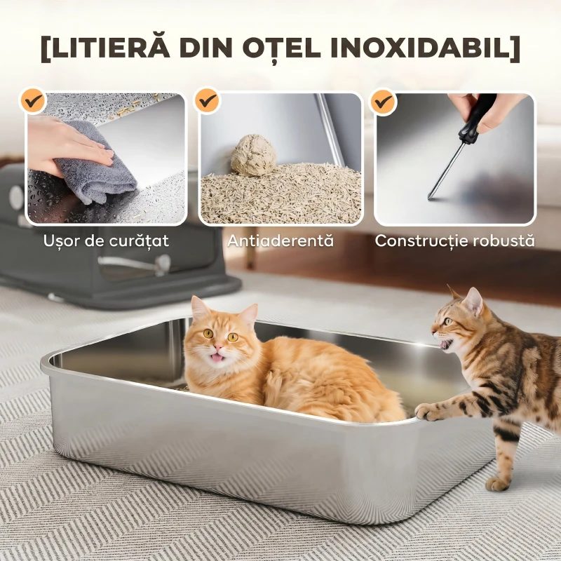 PawHut Litieră Închisă pentru Pisici 52 L din Oțel Inoxidabil, cu Capac Rabatabil, Acces Dublu și Lopățică, Negru