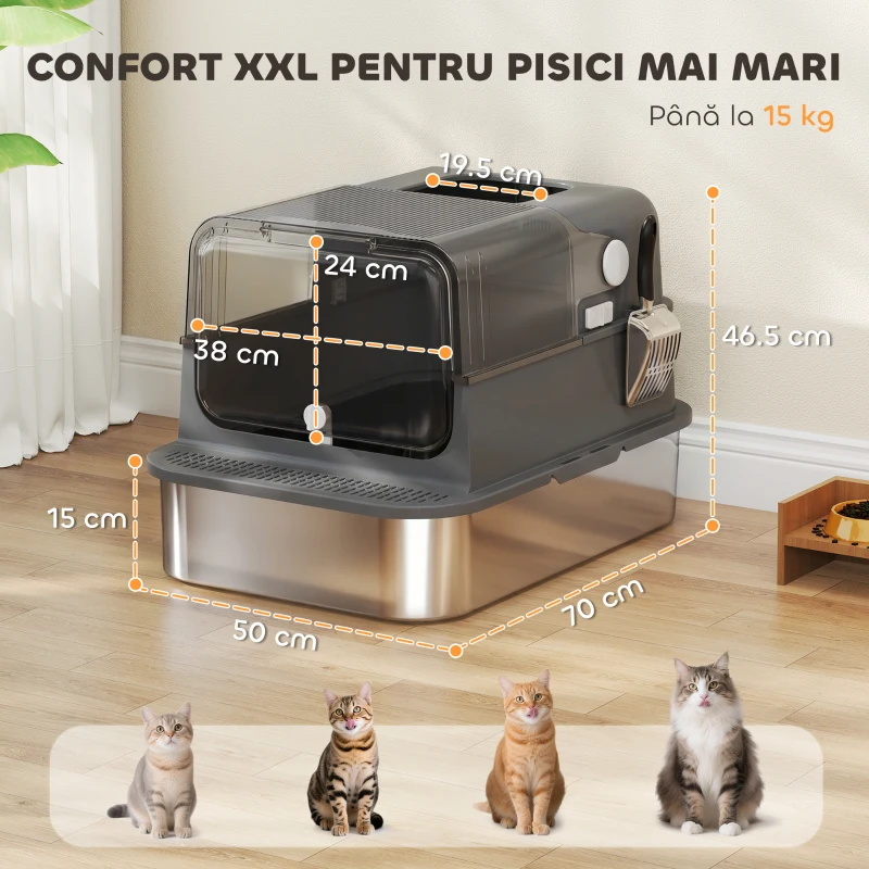 PawHut Litieră Închisă pentru Pisici 52 L din Oțel Inoxidabil, cu Capac Rabatabil, Acces Dublu și Lopățică, Negru