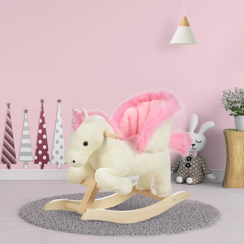 HOMCOM Schaukelpferd Schaukeltier mit Sound Effekt, Haltegriffen, Plüsch Baby Schaukelspielzeug Schaukel Schaukelsitz für Kleinkinder 1,5-3 Monate