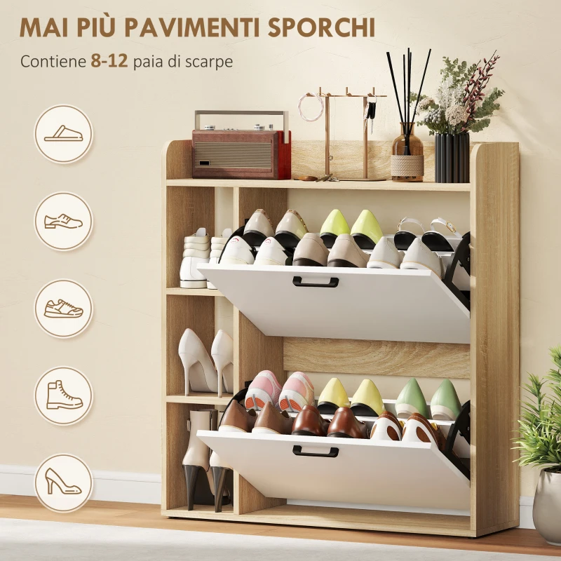 HOMCOM Scarpiera Slim con 2 Cassetti Ribaltabili e 3 Vani Aperti, Capacità 15 Scarpe, 83x24x90.5 cm, Color Legno e Bianco