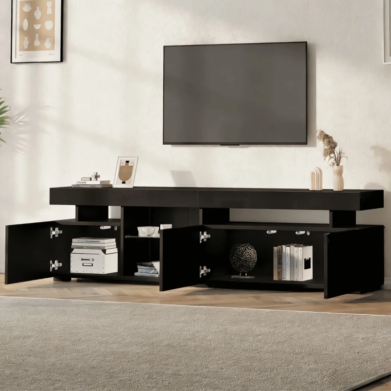 TV-Lowboard mit Hochglanz-Front, verstellbare Trennwand aus gehärtetem Glas, geeignet für Fernseher bis ca. 80 Zoll, 180x35x45 cm, Schwarz