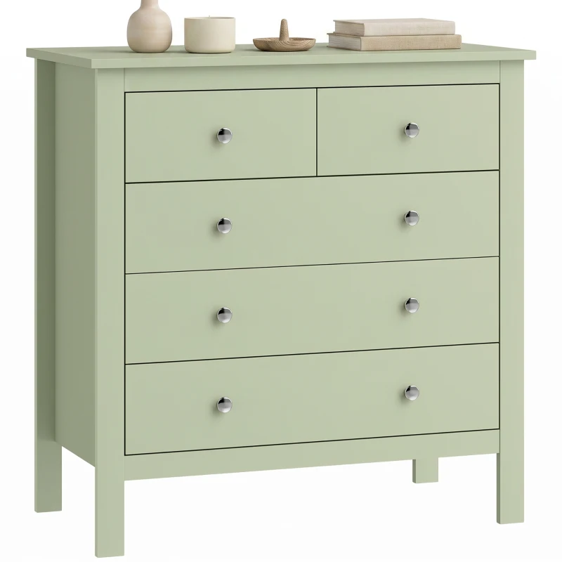HOMCOM 5 Drawer Dresser for Bedroom, Modern Chest of Drawers, Wide Storage Unit for Living Room, Hallway, Sage Green