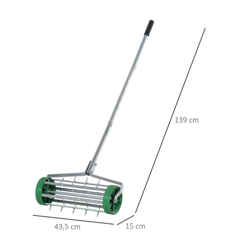 Outsunny gazonbeluchter handvat lengte verstelbaar handverticuteer gazonbeluchter spiked roller gazon rollende gazonbeluchter onderhoud tuin verzinkte buis groen + zilver 135 x 42,5 x 15 cm