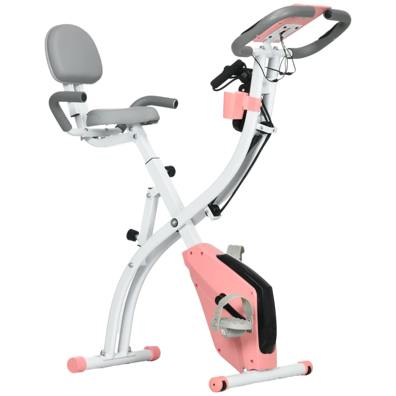 HOMCOM Vélo d'Appartement Pliable 4-en-1 - Ergomètre Magnétique Silencieux avec Cordes de Résistance - Sport Maison et Cardio-training avec Roulettes, Selle Confort et LCD (Max 120kg), Rose