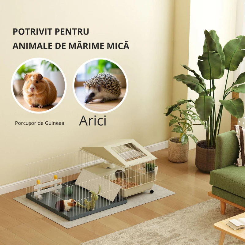 PawHut Cușcă porcușor de Guineea cușcă pentru animale mici cu parc detașabil covor impermeabil bol de hrănire 108 x 71 x 57 cm bej