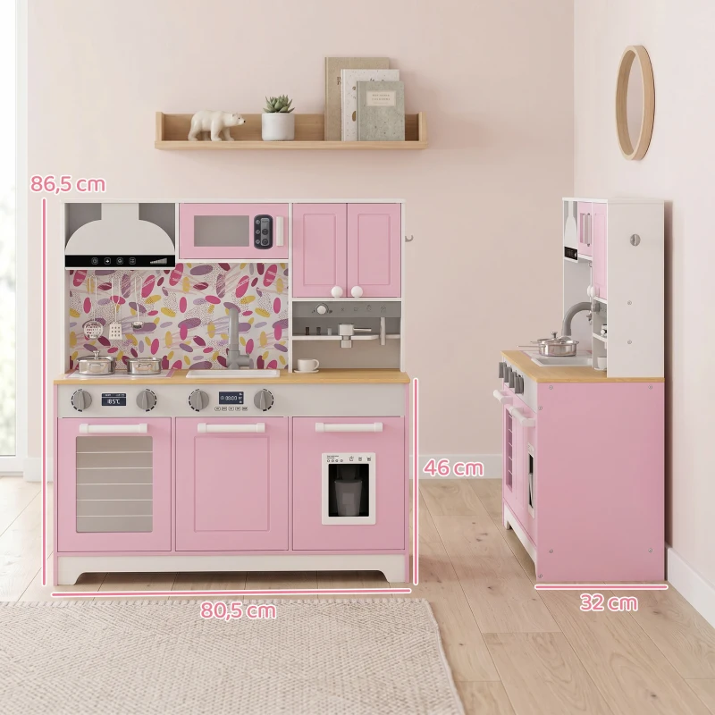 AIYAPLAY Cuisine Jouet en Bois avec Accessoires en Acier Inoxydable Cafetière Machine à Glaçons Évier Plaques Rose
