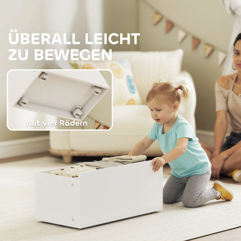 AIYAPLAY Spielzeugregal, Kinderzimmerregal mit 6 Behälter, Bücherablage, rollbare Box, 100 x 30 x 80 cm, MDF, Stahl, Weiß