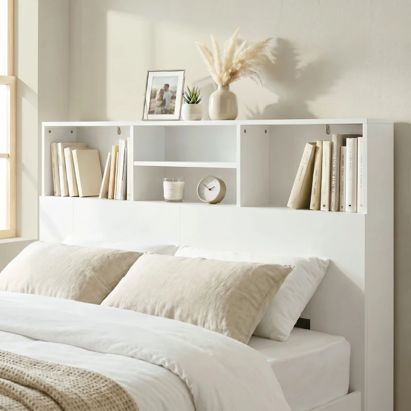 HOMCOM Cabeceira de Cama 140 cm com Arrumação e 4 Compartimentos Abertos para Quarto Branca