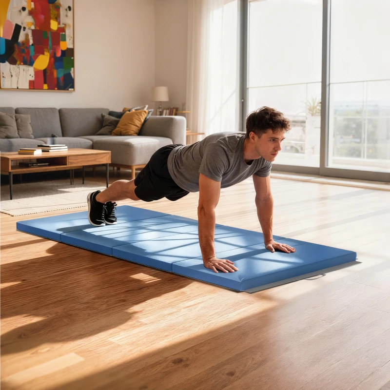 HOMCOM Tapis de gymnastique yoga pilates fitness pliable en 4 avec poignées revêtement synthétique 180 x 80 x 5 cm bleu clair