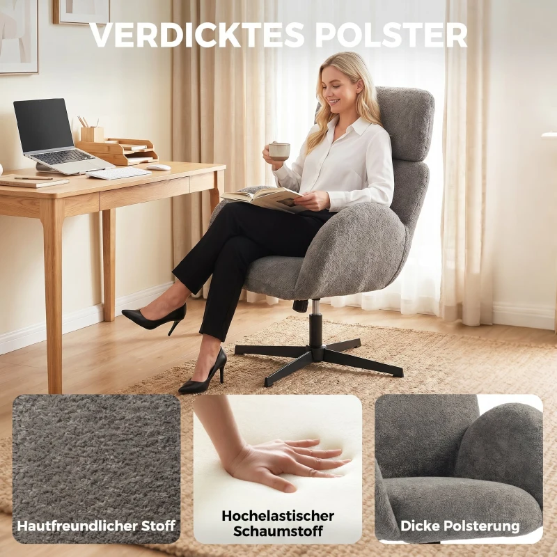 HOMCOM Bureaustoel met velours, hoge rugleuning, verstelbaar en draaibaar, met schommelstand, grijs