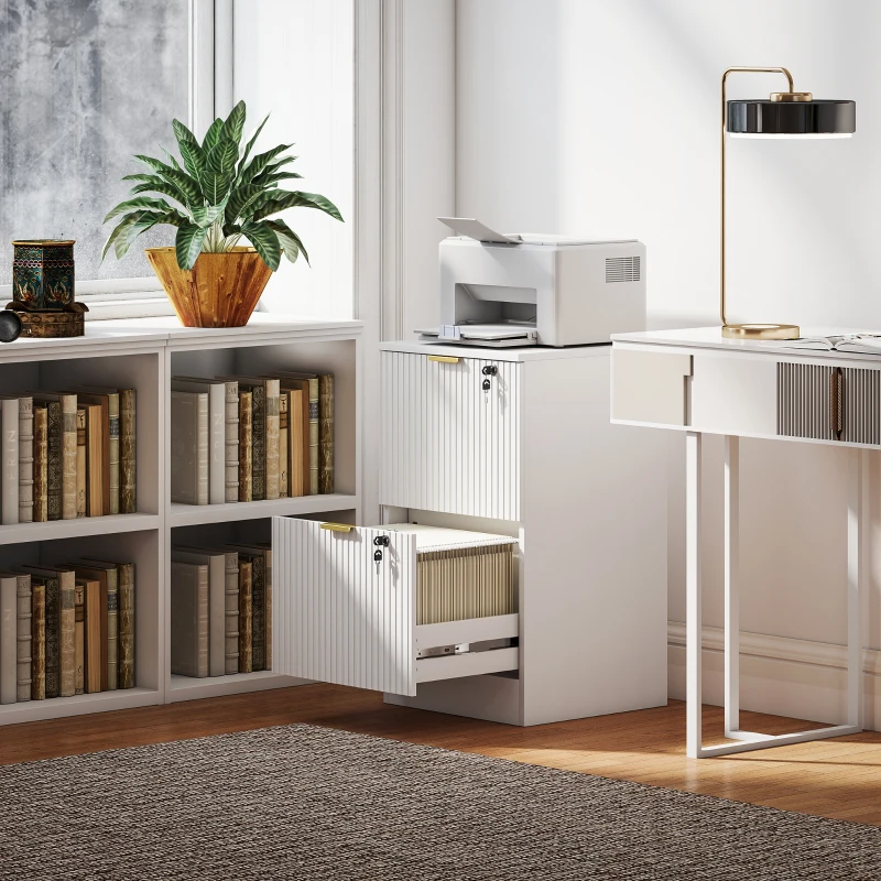 HOMCOM Filing Cabinet, Fluted Vertical File Cabinet with 2 Lockable Drawers and Hanging Rails, White